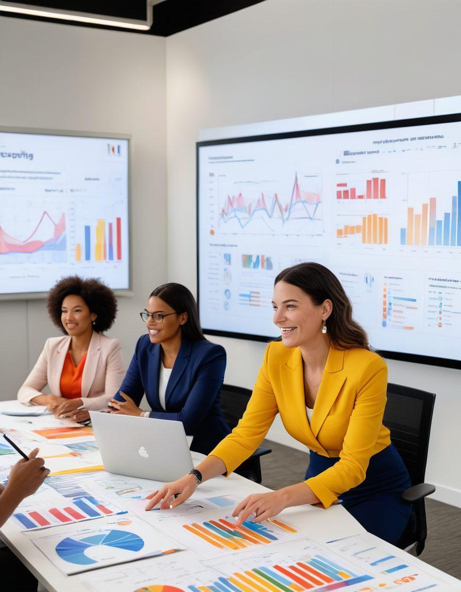 A dynamic office setting with a diverse group of professionals engaged in a brainstorming session, surrounded by vibrant charts and digital screens displaying thought leadership concepts. In the foreground, a confident woman presenting ideas with energy and enthusiasm, while other team members actively participate. Bright colors to symbolize creativity and innovation. super-realistic. corporate style.