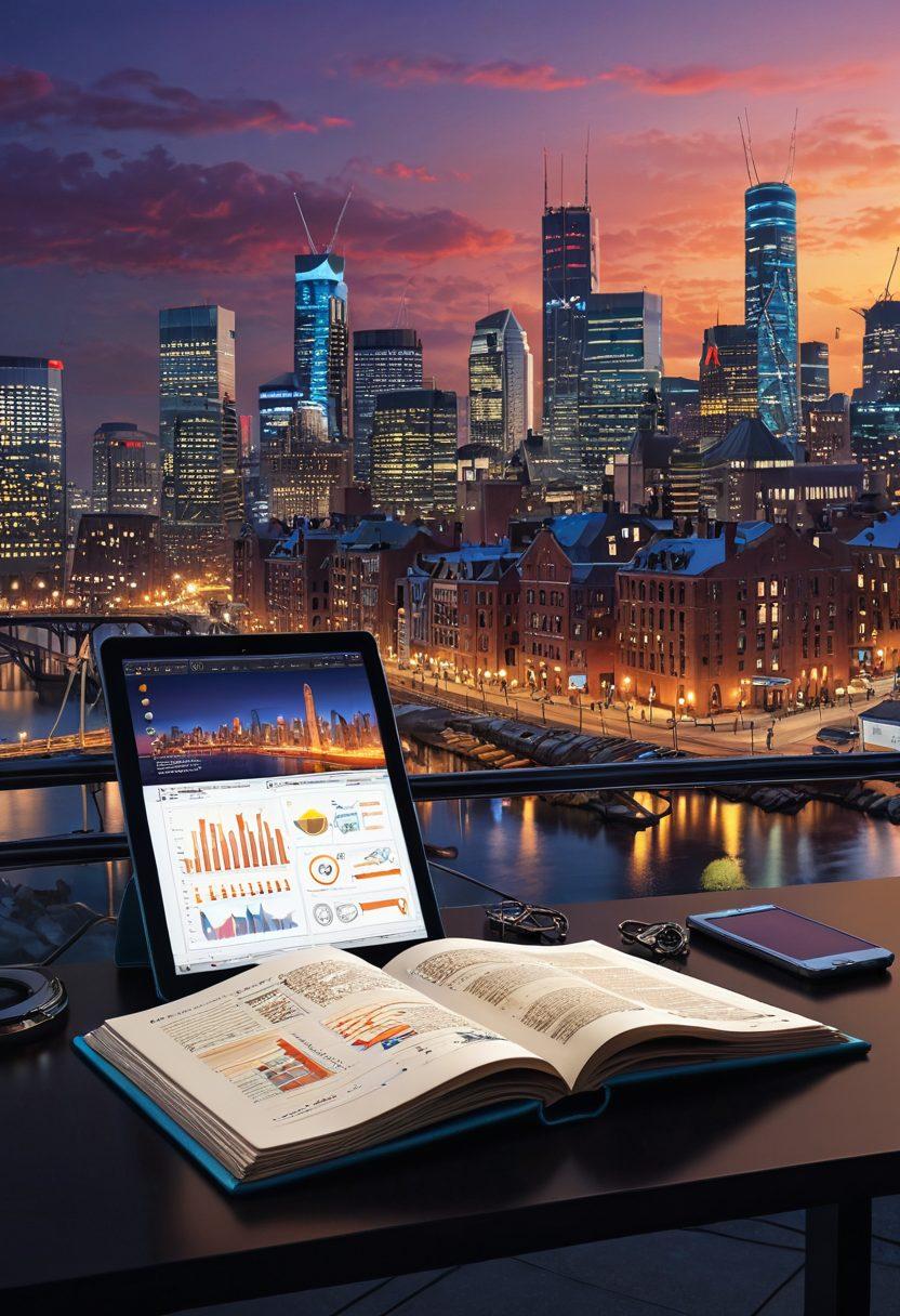 A visually striking digital journal open with pages filled with vibrant graphics and charts showcasing industry insights. Surrounding the journal are glowing light bulbs representing innovative ideas and gears symbolizing industry machinery, creating a dynamic energy. In the background, a sleek city skyline at dusk adds depth and context. super-realistic. vibrant colors. 3D.