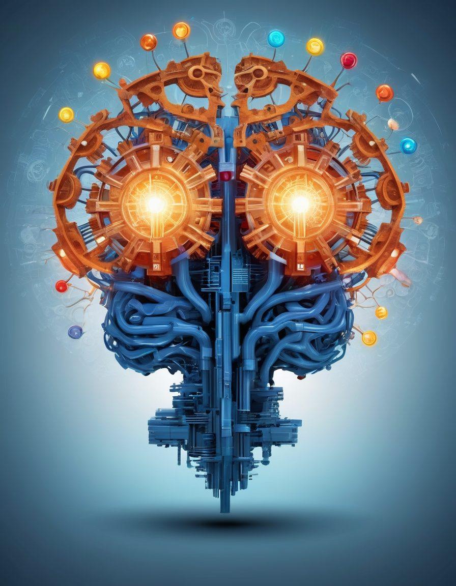 A dynamic brain with gears and light bulbs illustrating innovative ideas, surrounded by flowing text and symbols representing blogs and leadership. The background features a digital landscape of interconnected ideas, with silhouettes of people engaging in discussions. vibrant colors. modern abstract style.
